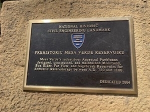 Placard from American Society of Civil Engineers delcaring the prehistoric water collection facilities built by Indigenous peoples of the region. Placard reads 